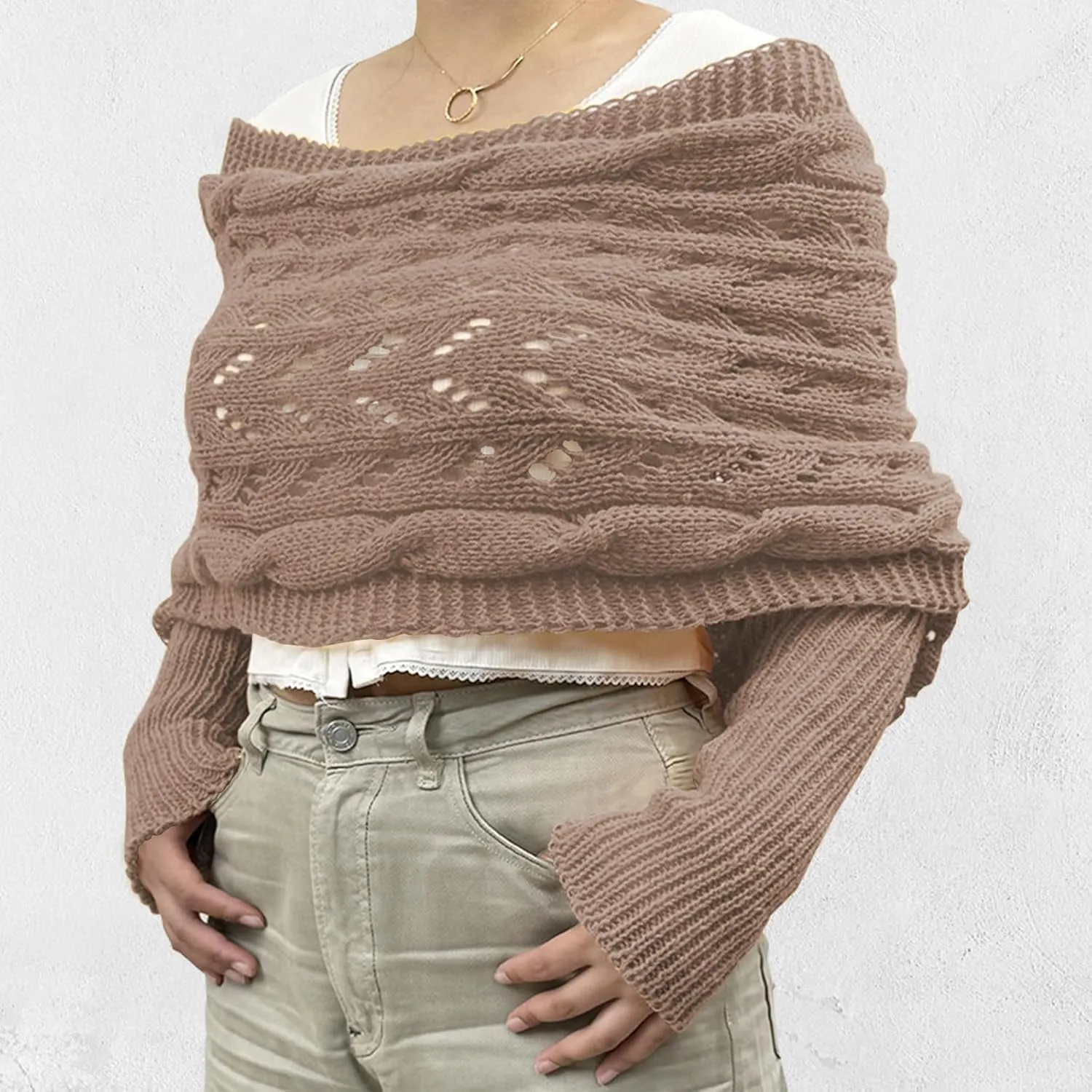 ACOSAP Scarf with Sleeves for Women, Knitted Cable Wrap, Multifunctional Knitted Crochet Shrugs, Double Sleeve Scarf Wrap