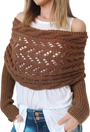 ACOSAP Scarf with Sleeves for Women, Knitted Cable Wrap, Multifunctional Knitted Crochet Shrugs, Double Sleeve Scarf Wrap