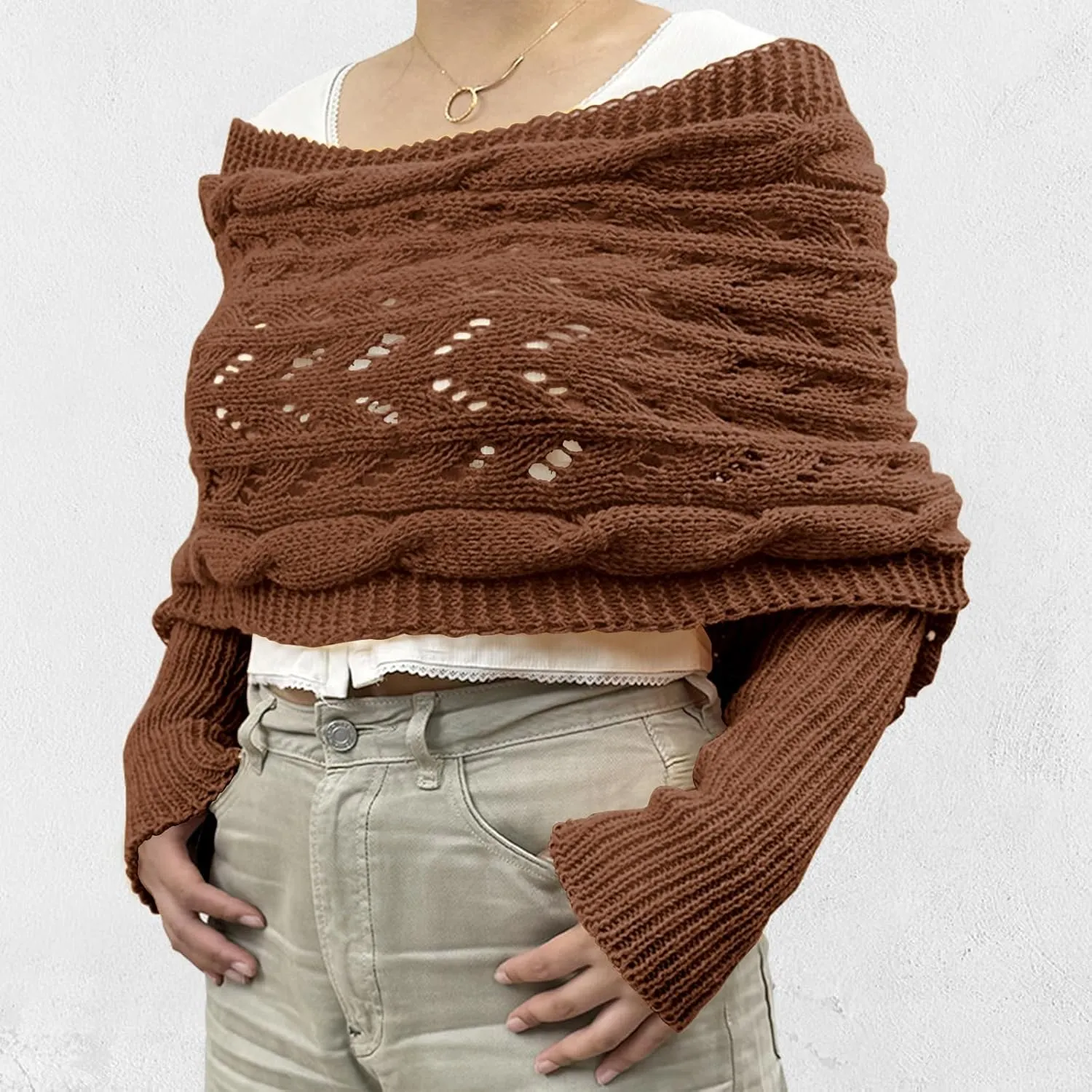ACOSAP Scarf with Sleeves for Women, Knitted Cable Wrap, Multifunctional Knitted Crochet Shrugs, Double Sleeve Scarf Wrap