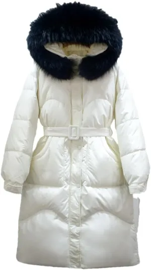 Adhdyuud Women Long Down Jacket Winter Puffer Coat With Belt Thick Warm Hooded Waterproof Parka Big