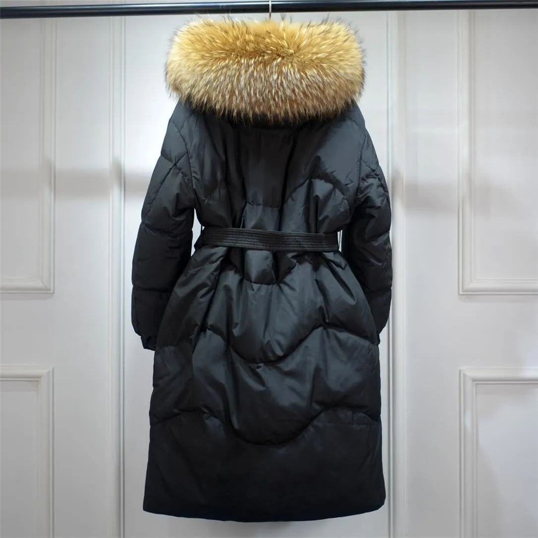 Adhdyuud Women Long Down Jacket Winter Puffer Coat With Belt Thick Warm Hooded Waterproof Parka Big