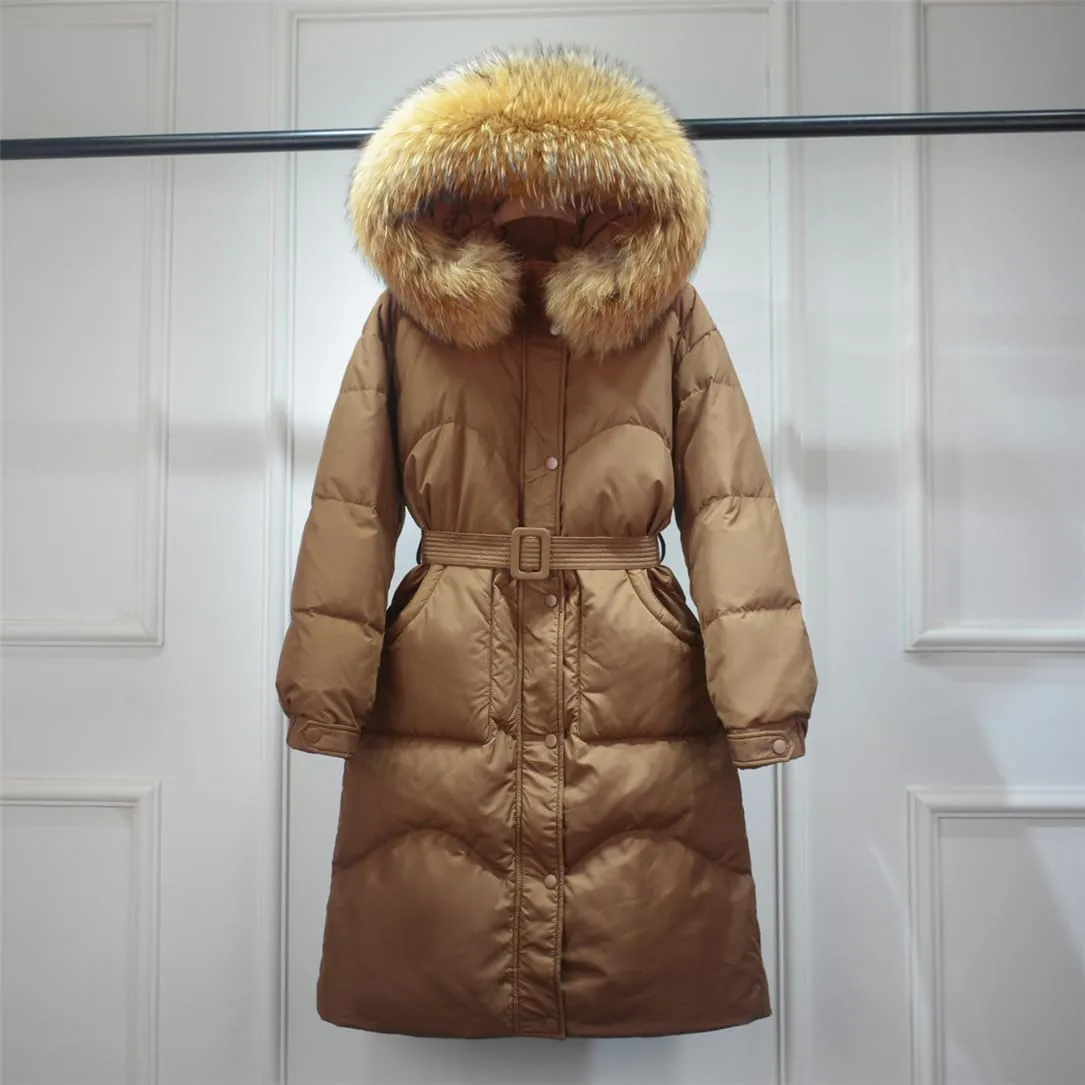 Adhdyuud Women Long Down Jacket Winter Puffer Coat With Belt Thick Warm Hooded Waterproof Parka Big