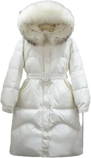 Adhdyuud Women Long Down Jacket Winter Puffer Coat With Belt Thick Warm Hooded Waterproof Parka Big