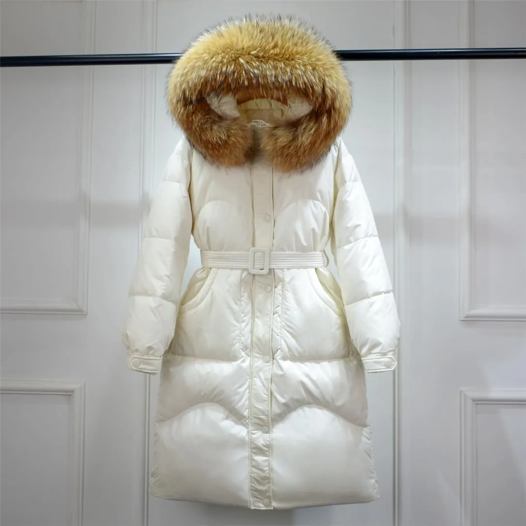 Adhdyuud Women Long Down Jacket Winter Puffer Coat With Belt Thick Warm Hooded Waterproof Parka Big