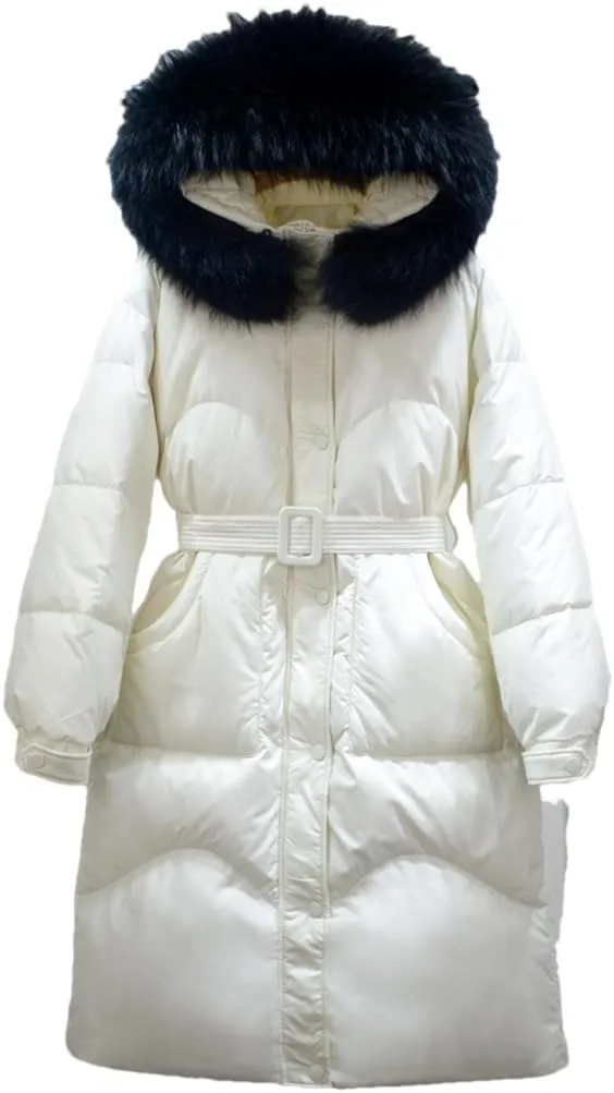Adhdyuud Women Long Down Jacket Winter Puffer Coat With Belt Thick Warm Hooded Waterproof Parka Big