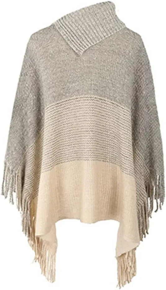 DNLKWGO Oversized Knitted Pullover Sweater Poncho Turtleneck Shawl Sweater with Fringe for Women Girls