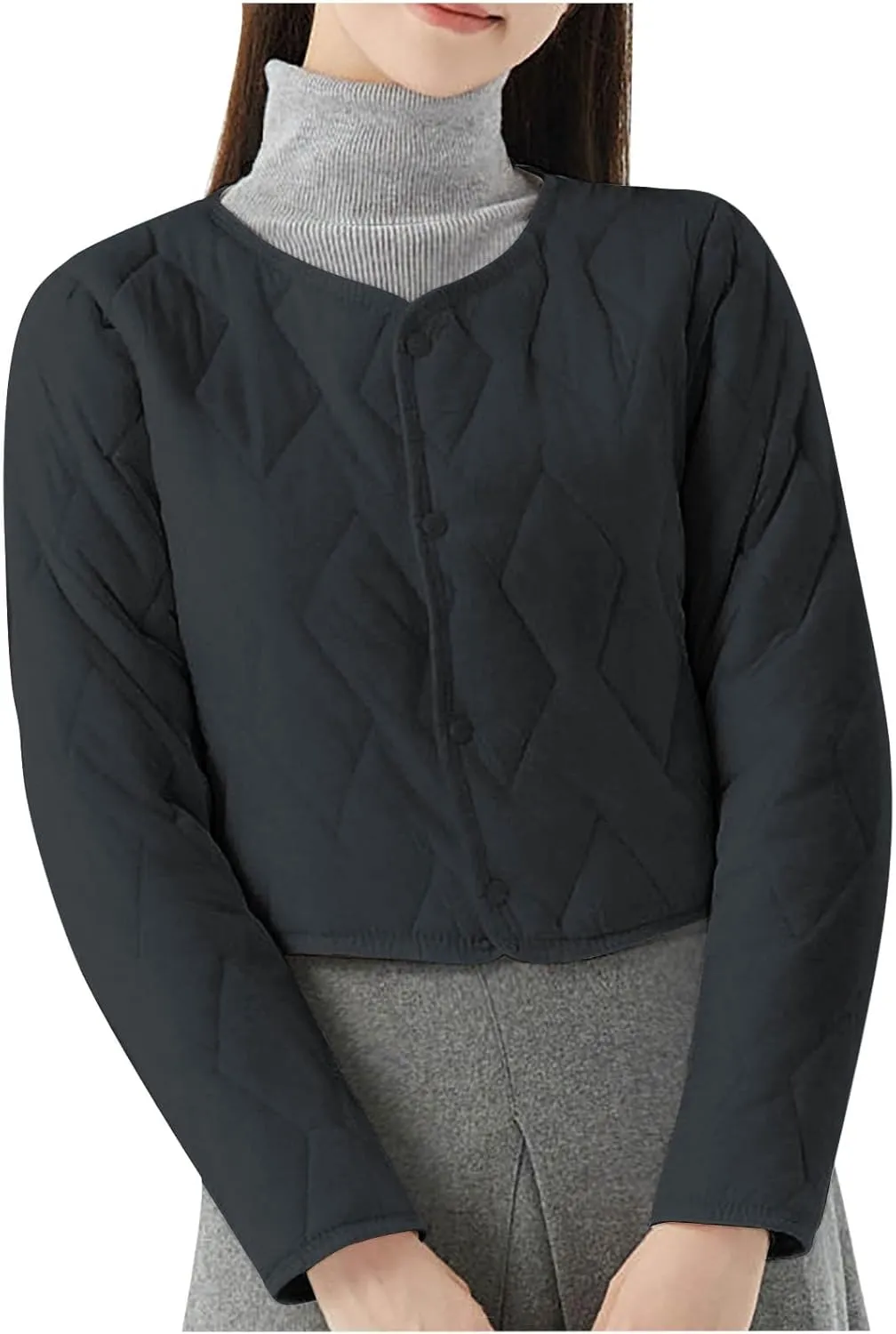 HGps8w Women's Cropped Quilted Winter Coat, Plus Size Casual Lightweight Button Down Padded Down Puffer Jackets