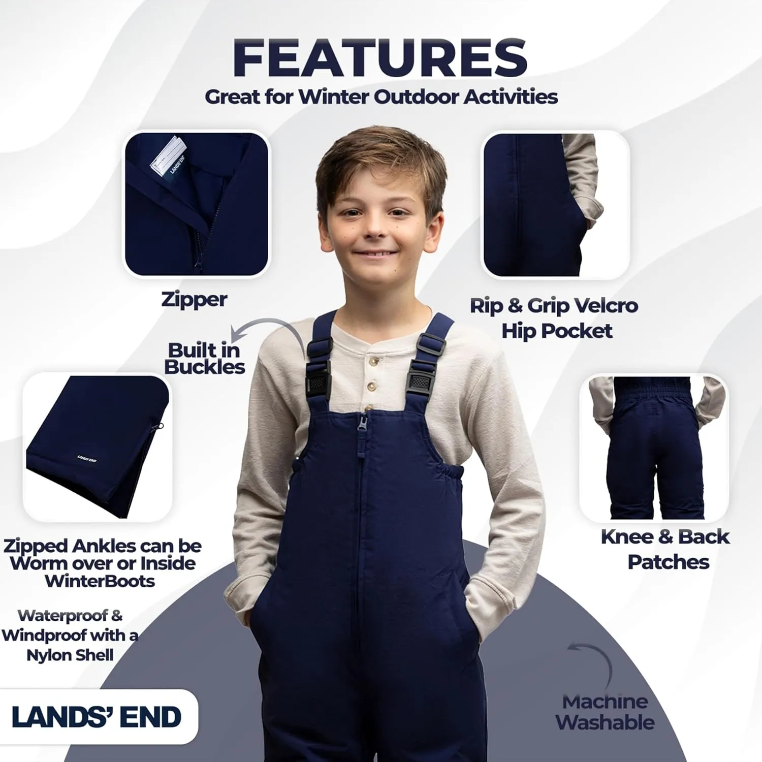 Lands' End Kids Squall Waterproof Iron Knee Bib Snow Pants