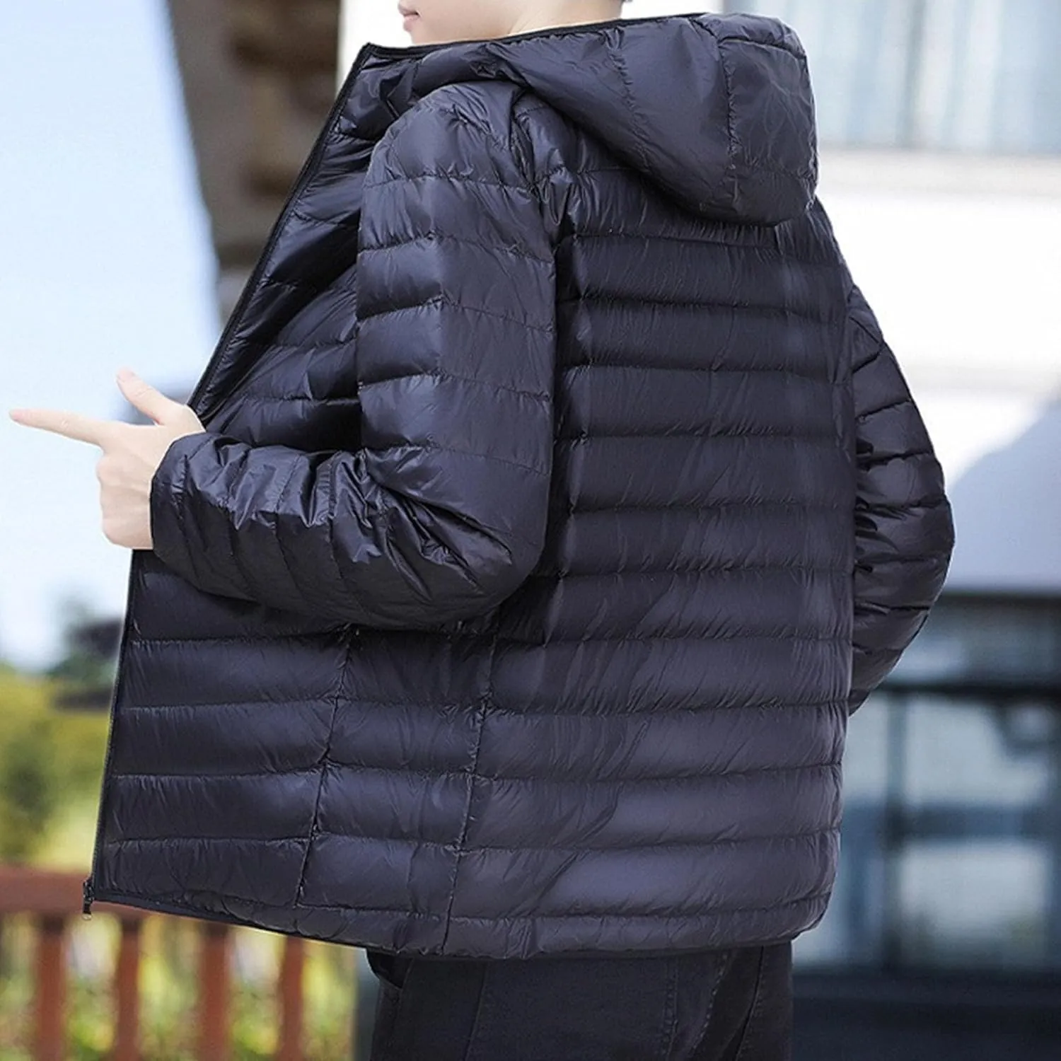 Mens Packable Lightweight Puffy Hooded Winter Coat Windproof Zipper Down Jacket Down Puffer Jacket with Hood
