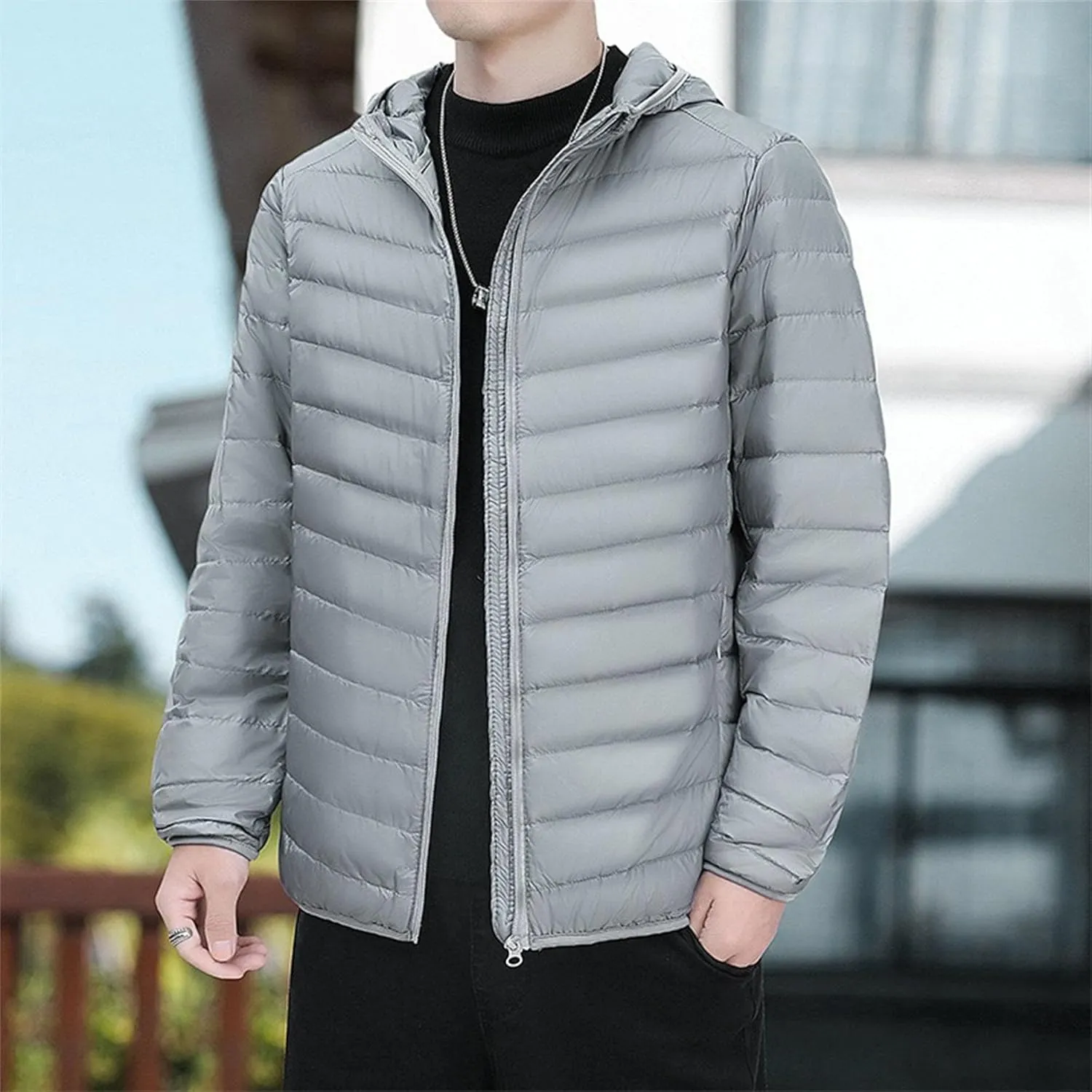 Mens Packable Lightweight Puffy Hooded Winter Coat Windproof Zipper Down Jacket Down Puffer Jacket with Hood