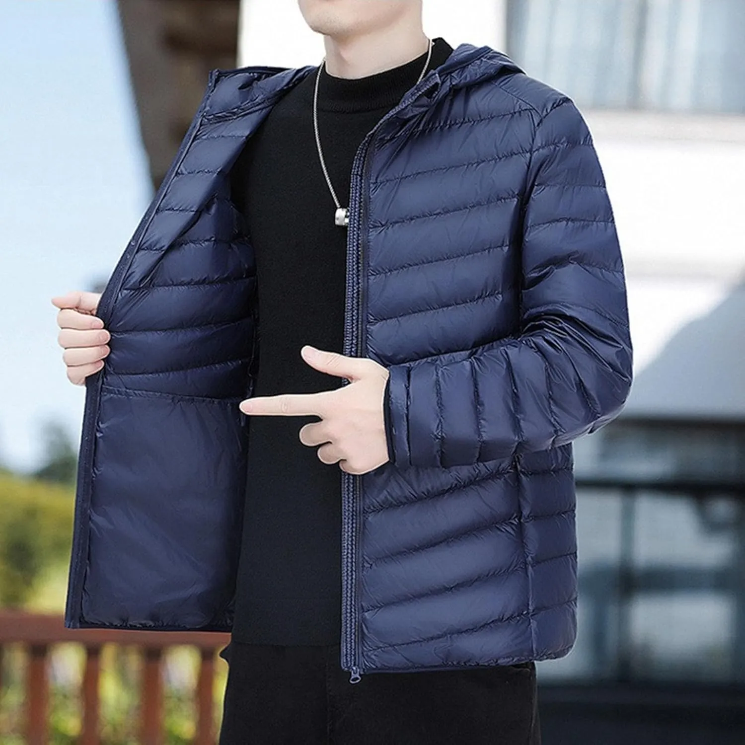 Mens Packable Lightweight Puffy Hooded Winter Coat Windproof Zipper Down Jacket Down Puffer Jacket with Hood