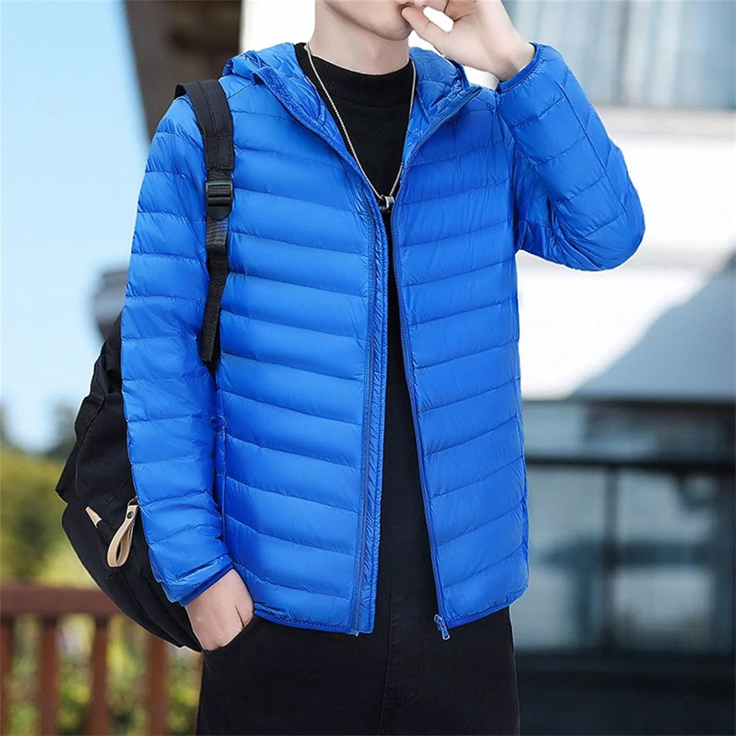 Mens Packable Lightweight Puffy Hooded Winter Coat Windproof Zipper Down Jacket Down Puffer Jacket with Hood