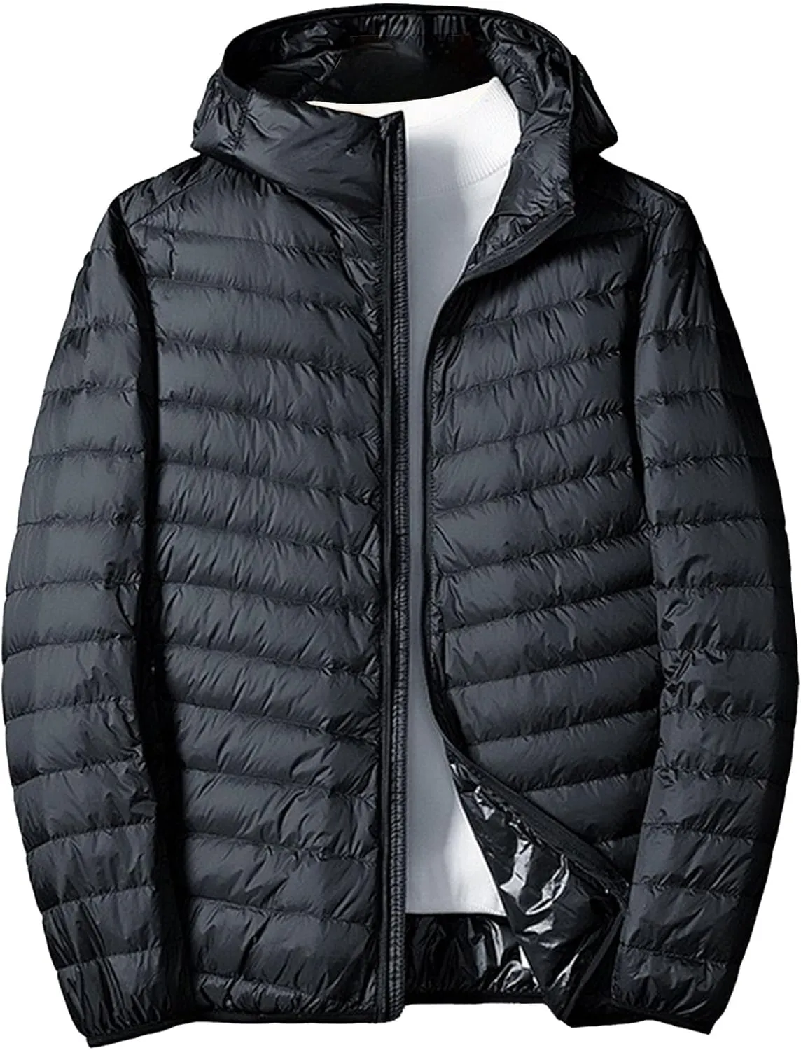 Mens Packable Lightweight Puffy Hooded Winter Coat Windproof Zipper Down Jacket Down Puffer Jacket with Hood