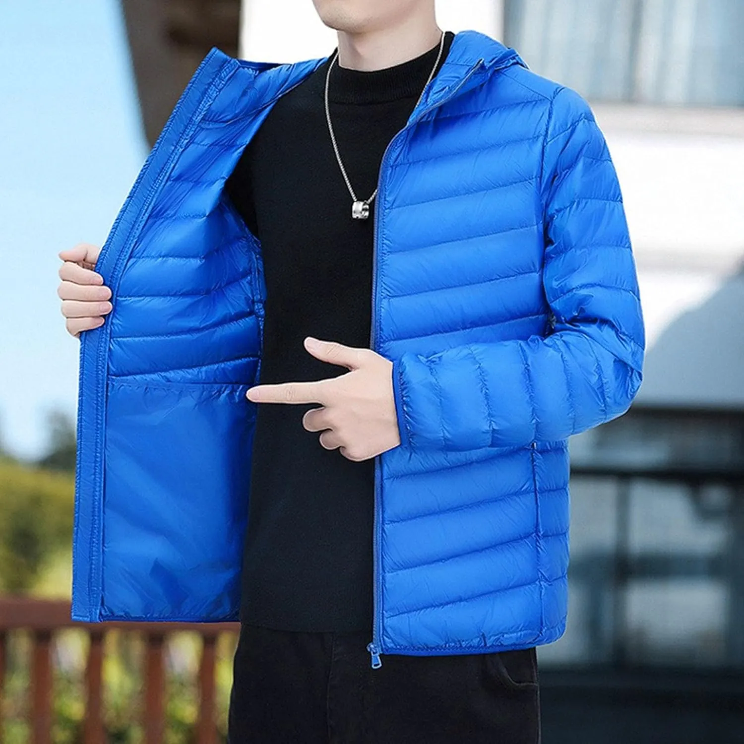Mens Packable Lightweight Puffy Hooded Winter Coat Windproof Zipper Down Jacket Down Puffer Jacket with Hood