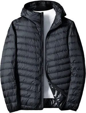Mens Packable Lightweight Puffy Hooded Winter Coat Windproof Zipper Down Jacket Down Puffer Jacket with Hood