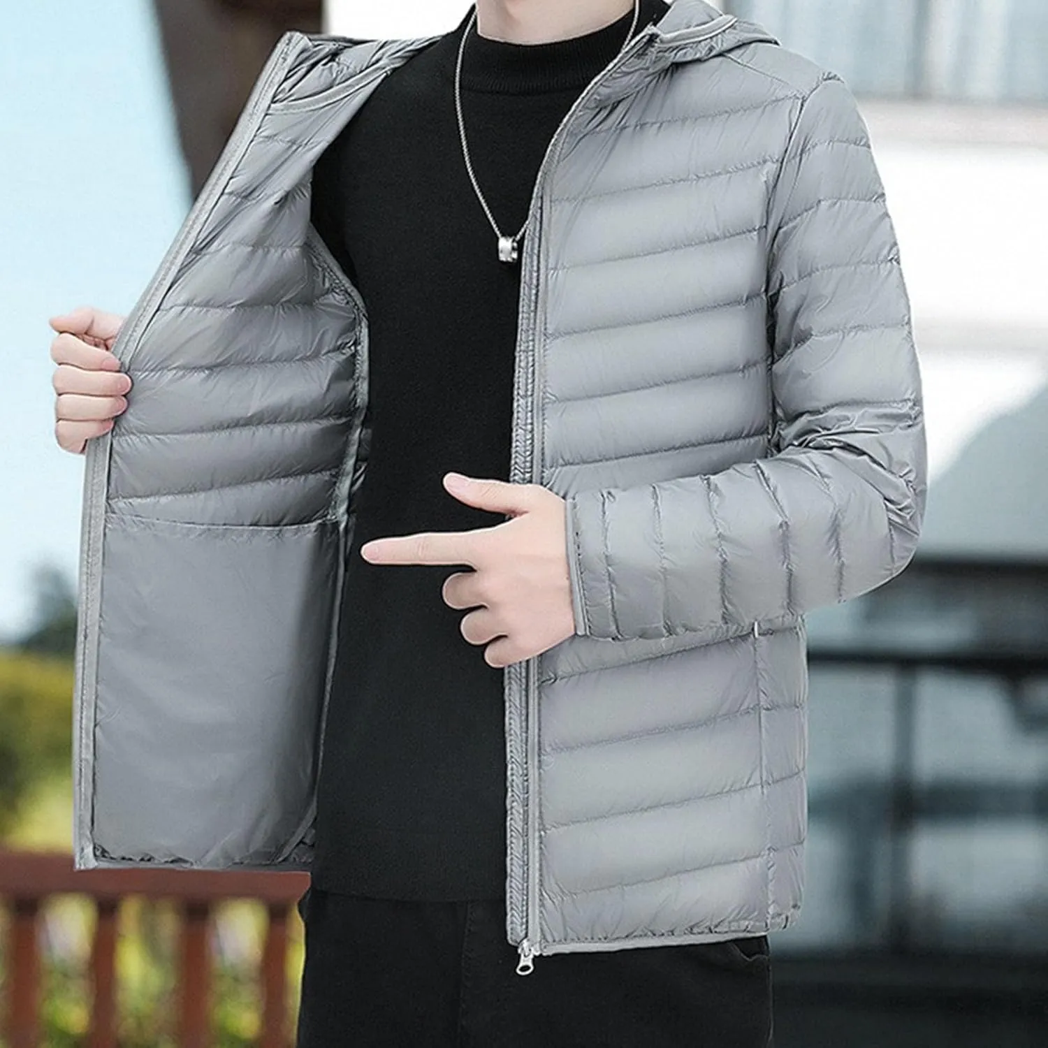 Mens Packable Lightweight Puffy Hooded Winter Coat Windproof Zipper Down Jacket Down Puffer Jacket with Hood