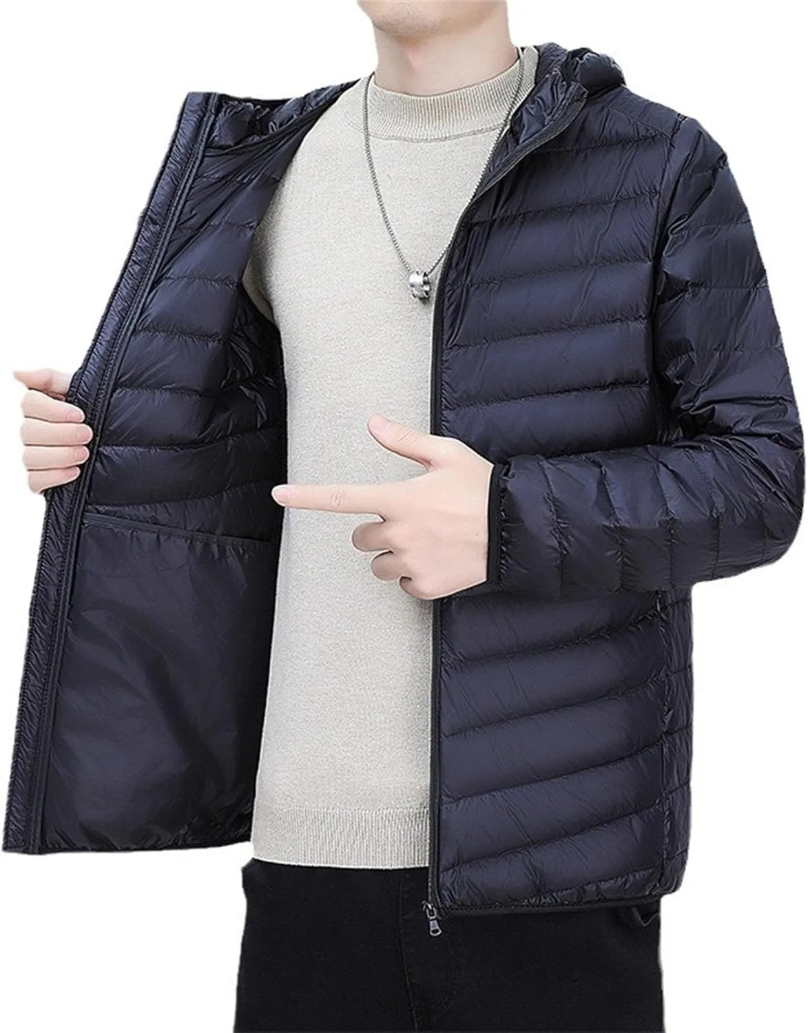 Mens Packable Lightweight Puffy Hooded Winter Coat Windproof Zipper Down Jacket Down Puffer Jacket with Hood