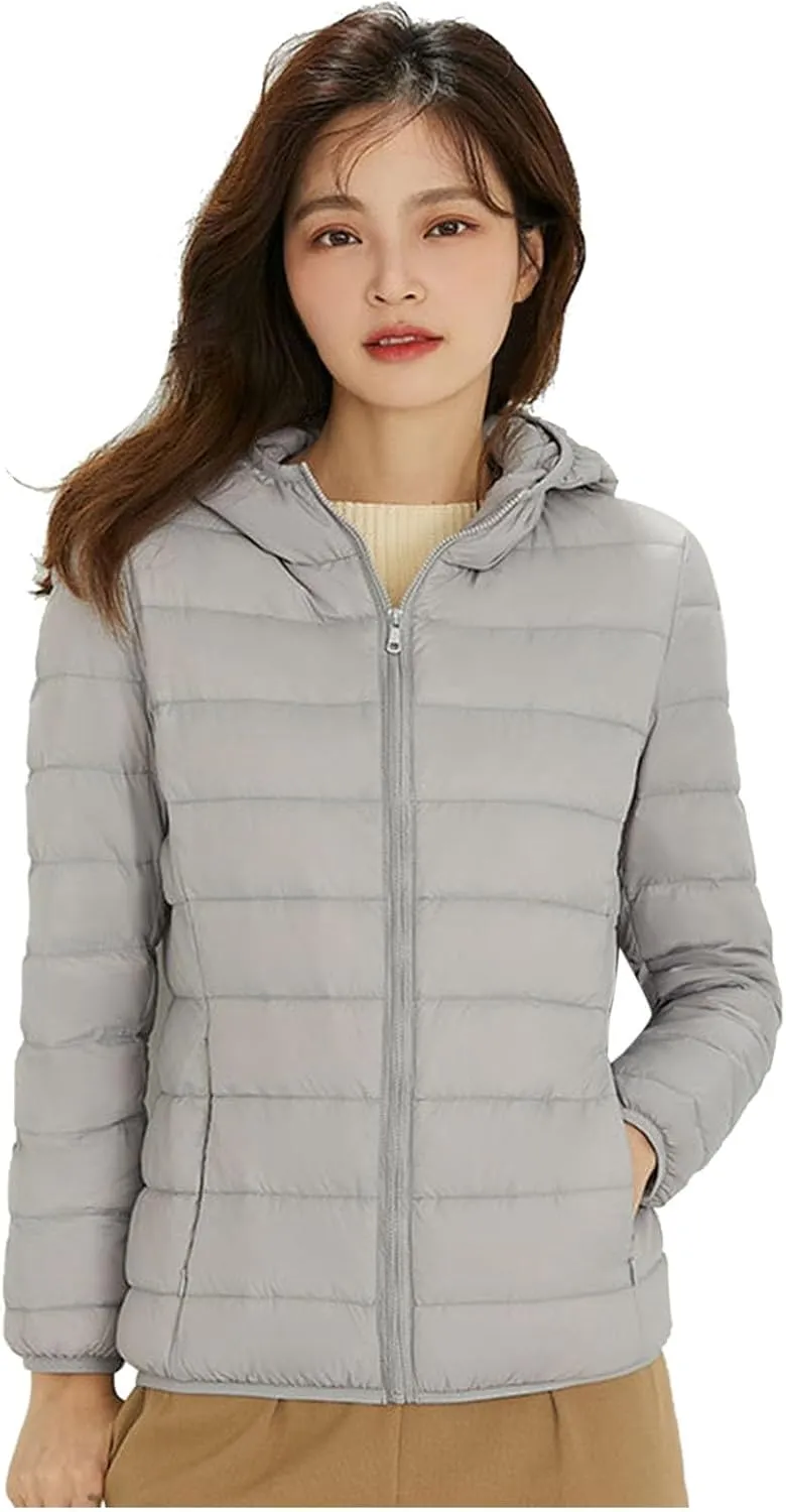 Packable Jackets for Women Lightweight Slim Fit Puffer Jacket Casual Hooded Warm Winter Quilted Down Jacket with Hood