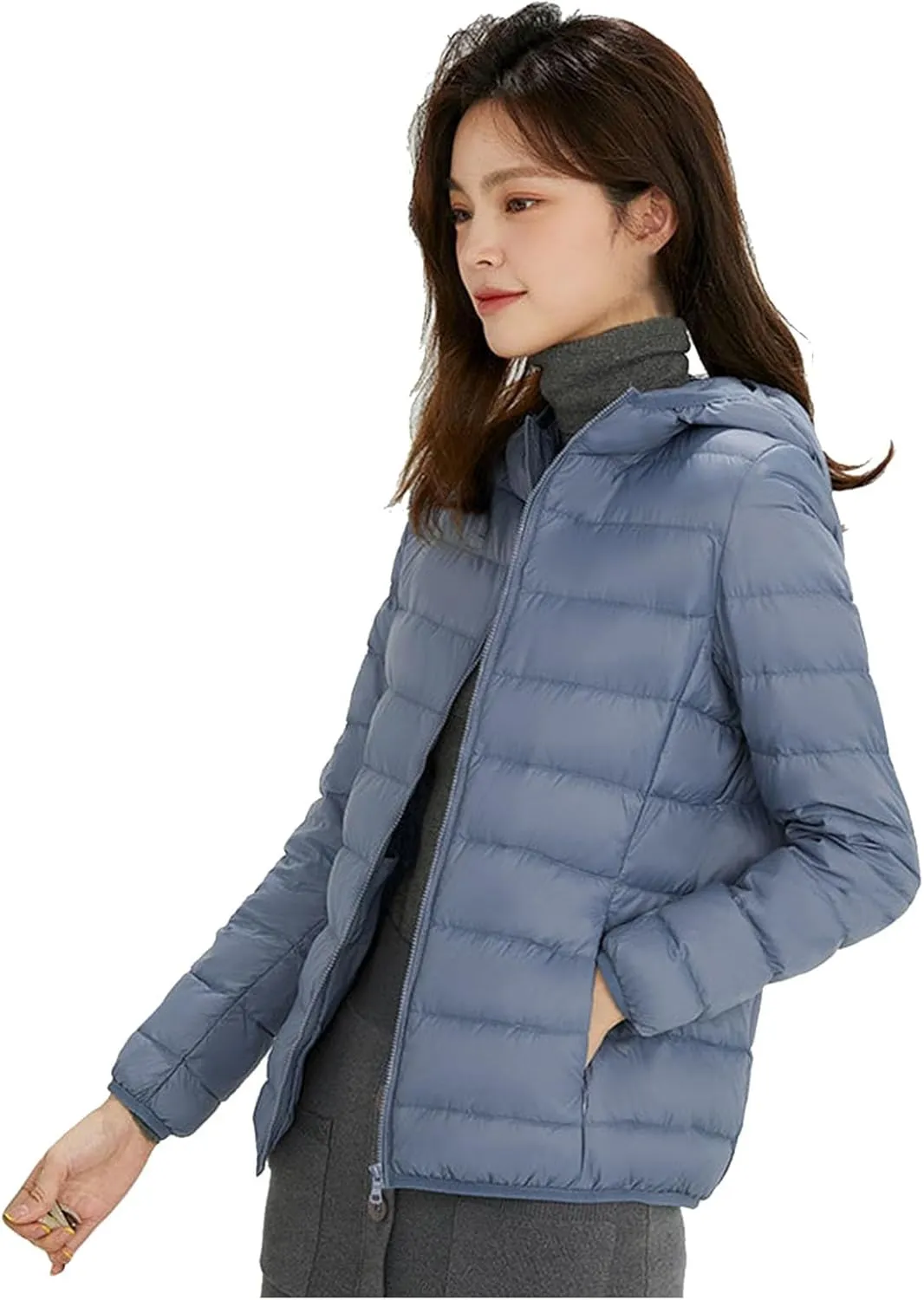 Packable Jackets for Women Lightweight Slim Fit Puffer Jacket Casual Hooded Warm Winter Quilted Down Jacket with Hood