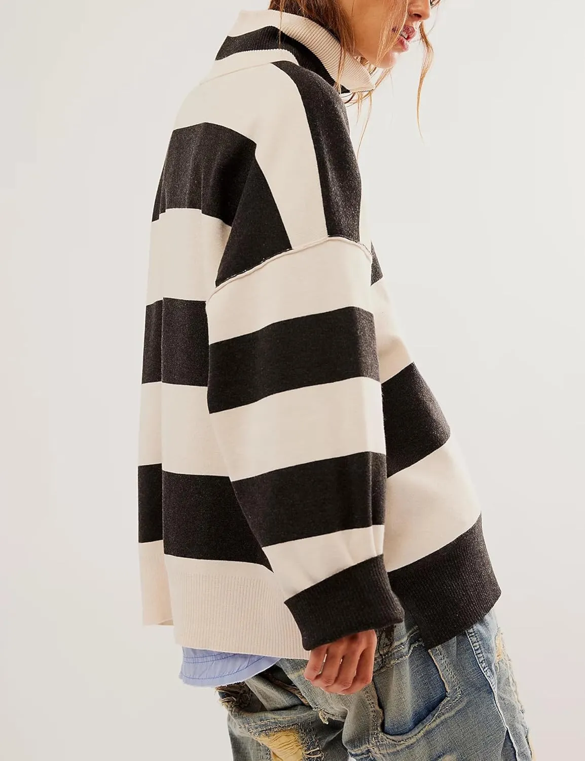 Quarter Zip Striped Oversized Knitted Pullover Sweaters for Women Lightweight Loose Fit Sweater Tops