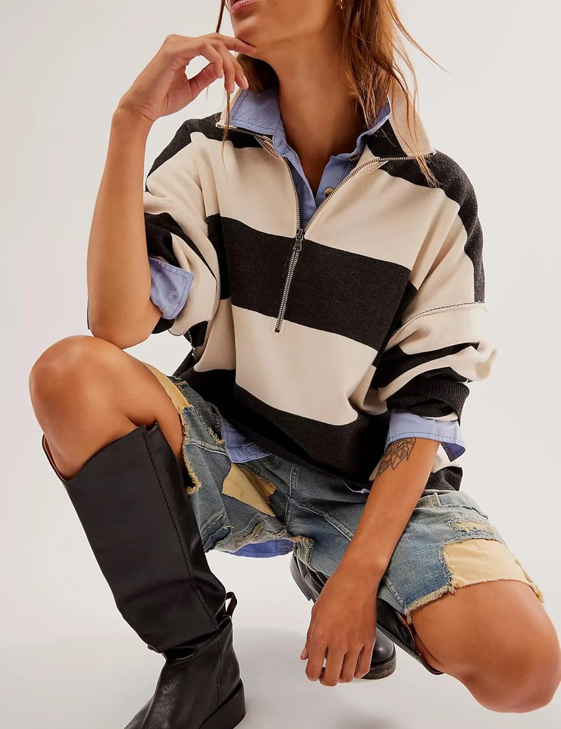 Quarter Zip Striped Oversized Knitted Pullover Sweaters for Women Lightweight Loose Fit Sweater Tops