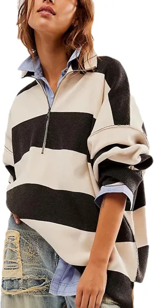 Quarter Zip Striped Oversized Knitted Pullover Sweaters for Women Lightweight Loose Fit Sweater Tops