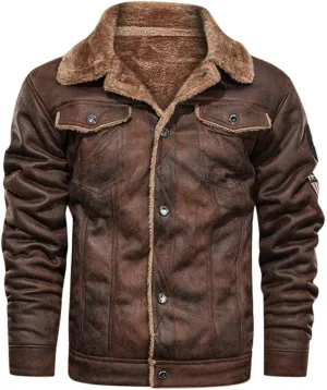 Sherpa Lined Faux Suede Jacket for Men Slim Fit Button Down Bomber Jacket Turn-down Collar Jacket with Flap Pocket