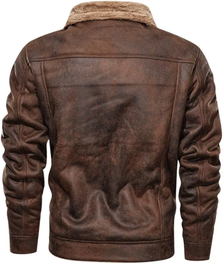 Sherpa Lined Faux Suede Jacket for Men Slim Fit Button Down Bomber Jacket Turn-down Collar Jacket with Flap Pocket