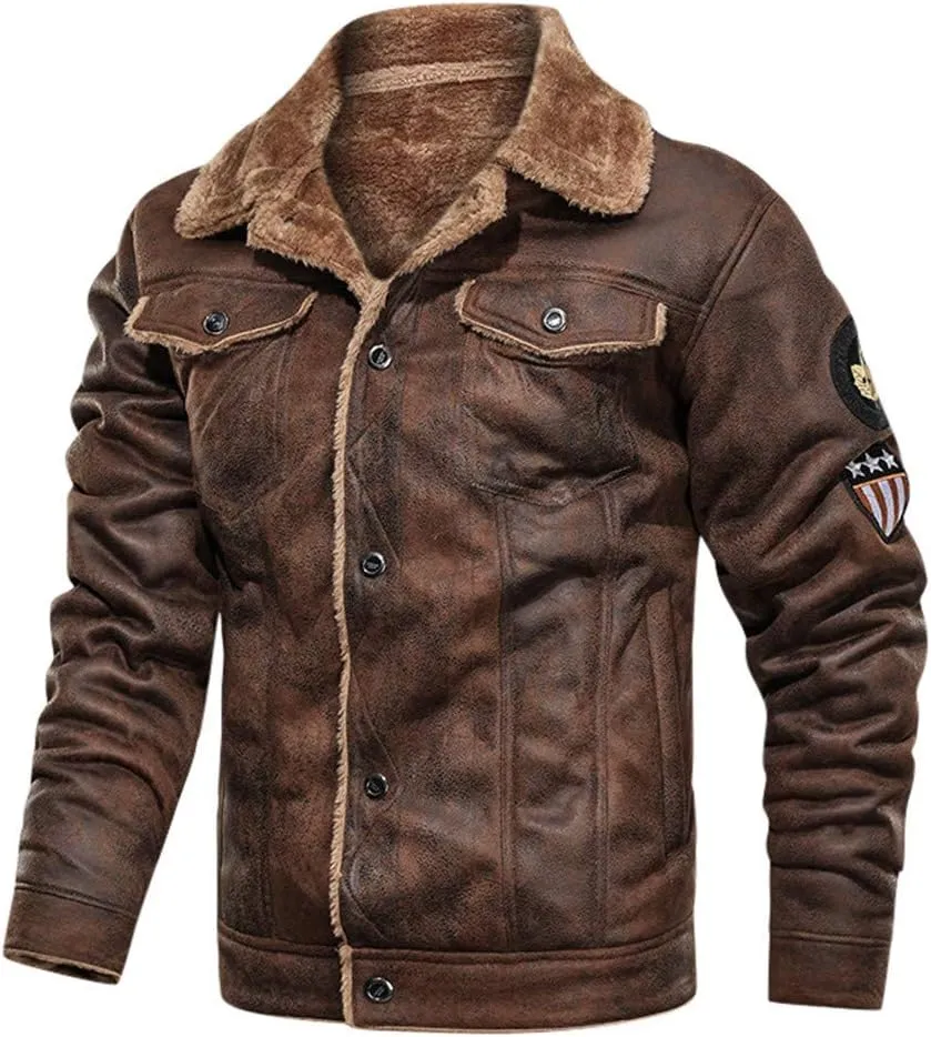 Sherpa Lined Faux Suede Jacket for Men Slim Fit Button Down Bomber Jacket Turn-down Collar Jacket with Flap Pocket