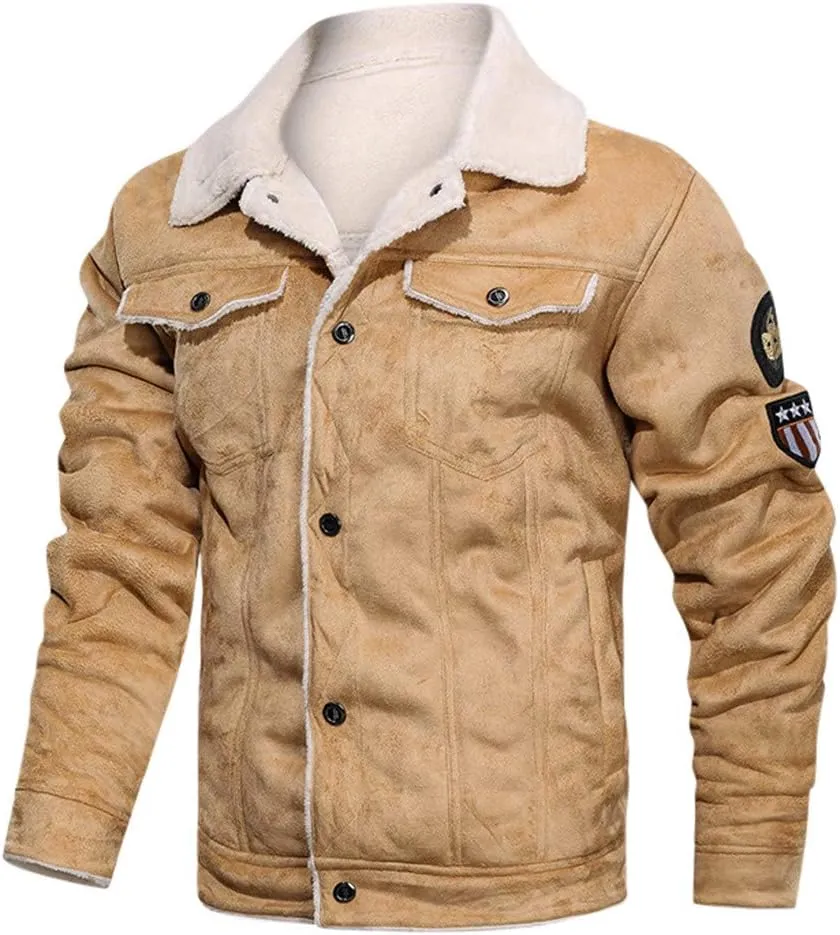 Sherpa Lined Faux Suede Jacket for Men Slim Fit Button Down Bomber Jacket Turn-down Collar Jacket with Flap Pocket