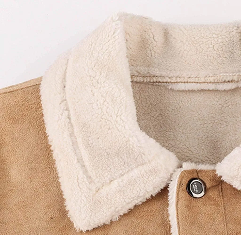 Sherpa Lined Faux Suede Jacket for Men Slim Fit Button Down Bomber Jacket Turn-down Collar Jacket with Flap Pocket