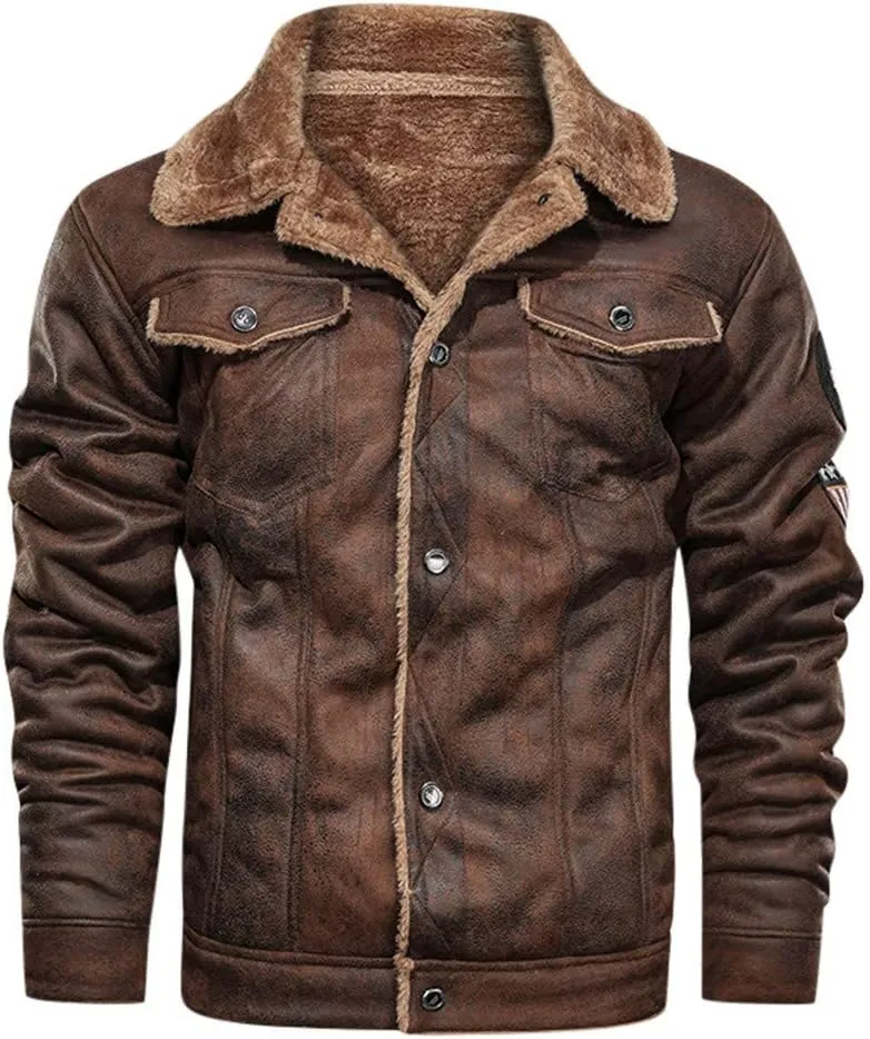 Sherpa Lined Faux Suede Jacket for Men Slim Fit Button Down Bomber Jacket Turn-down Collar Jacket with Flap Pocket