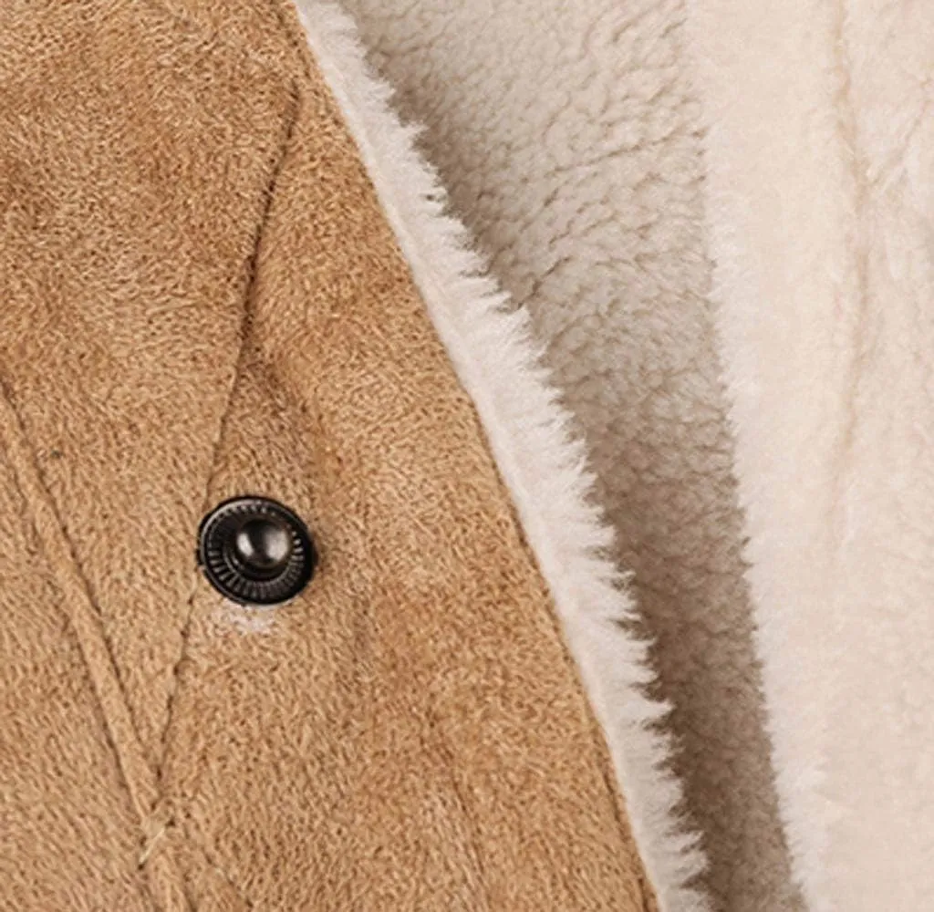 Sherpa Lined Faux Suede Jacket for Men Slim Fit Button Down Bomber Jacket Turn-down Collar Jacket with Flap Pocket