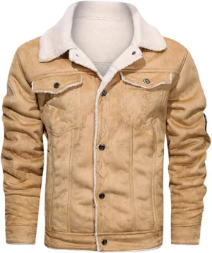 Sherpa Lined Faux Suede Jacket for Men Slim Fit Button Down Bomber Jacket Turn-down Collar Jacket with Flap Pocket