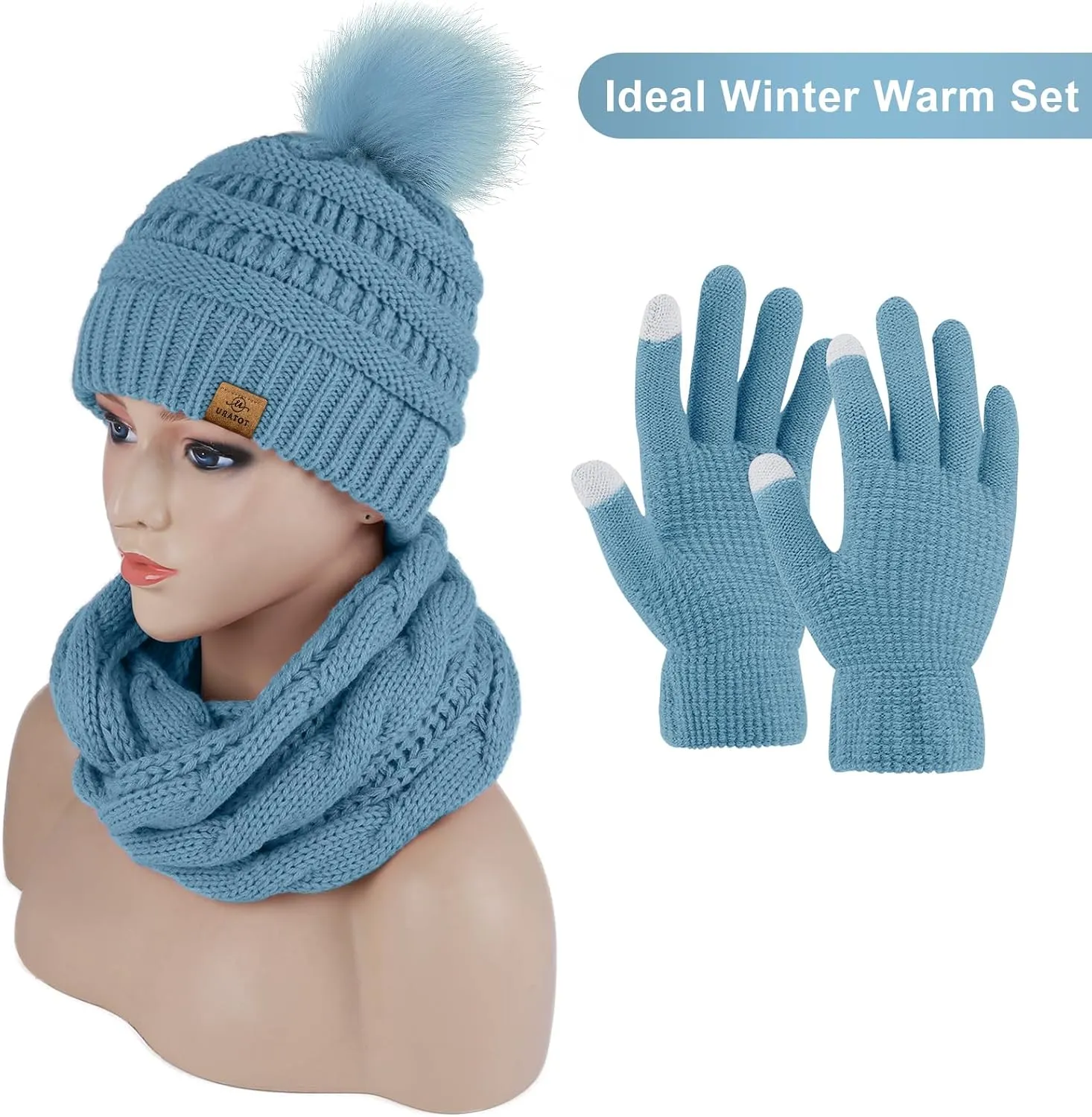 URATOT Winter Warm Knitted Sets Beanie Pompom Hat Scarves Winter Touchscreen Gloves Scarf Set for Men Women