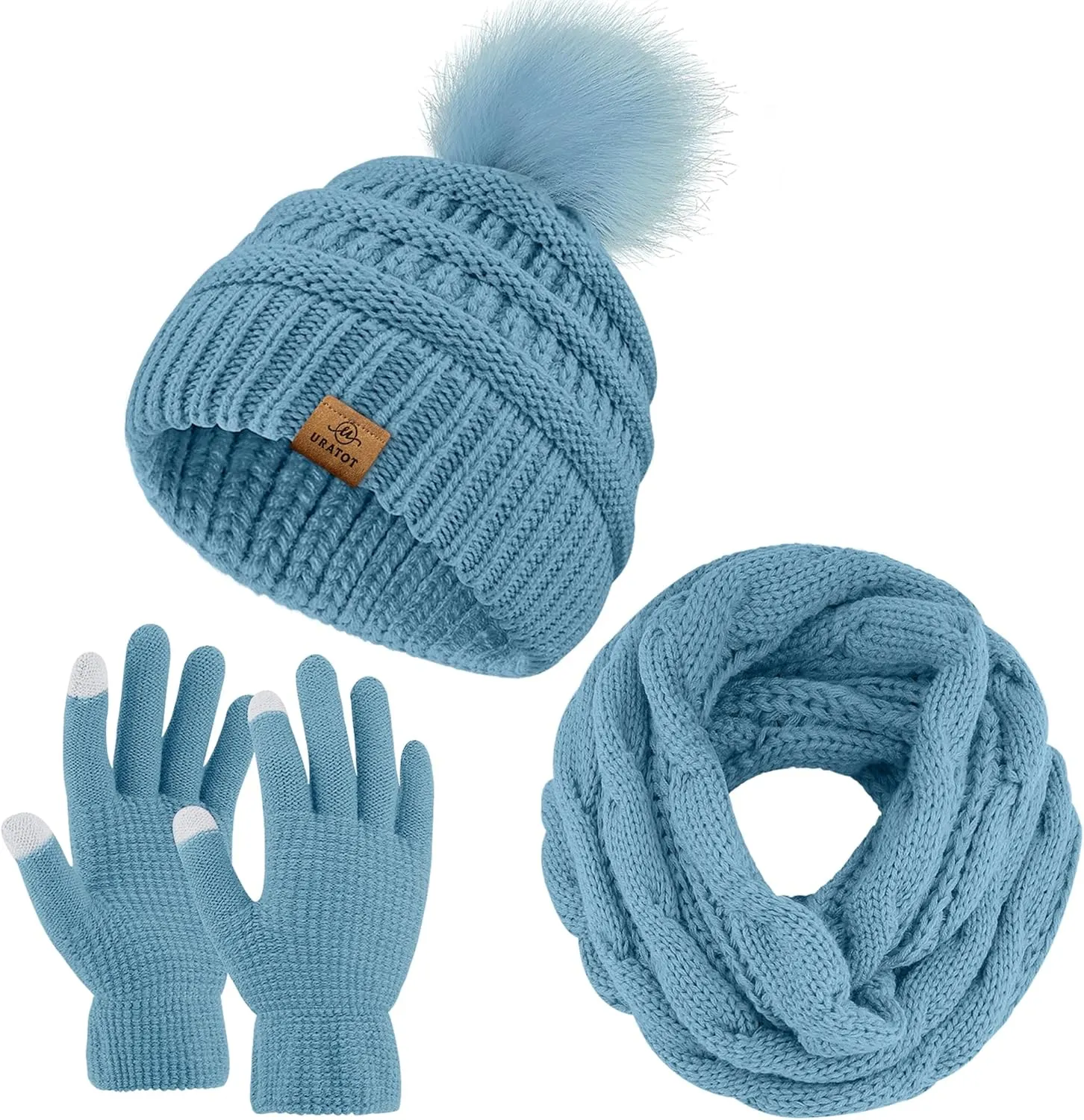 URATOT Winter Warm Knitted Sets Beanie Pompom Hat Scarves Winter Touchscreen Gloves Scarf Set for Men Women