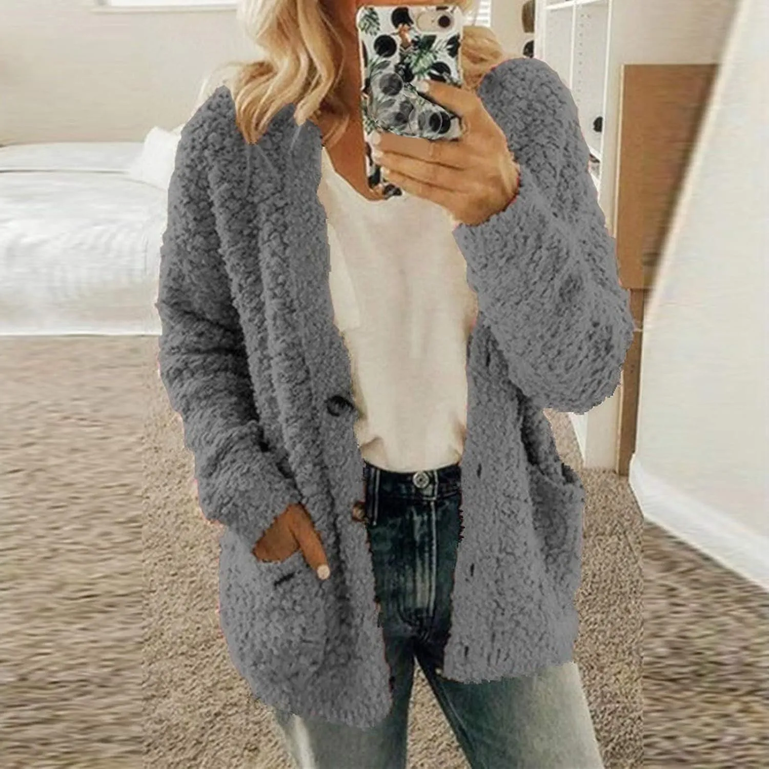 Winter Jackets for Women 2024 Fuzzy Fleece Warm Open Front Cardigans Jacket Casual Button Down Long Sleeve Lightweight Coats