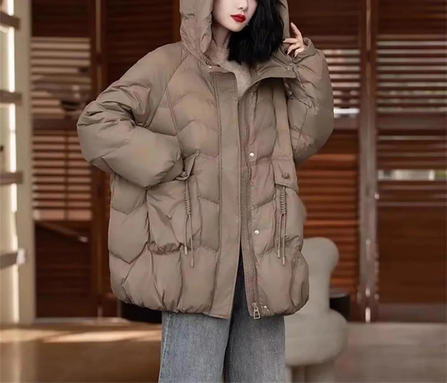 Winter Vintage Loose Casual Jacket Mid-Long Hooded Warm Puffer Coat Female Duck Down Jacket