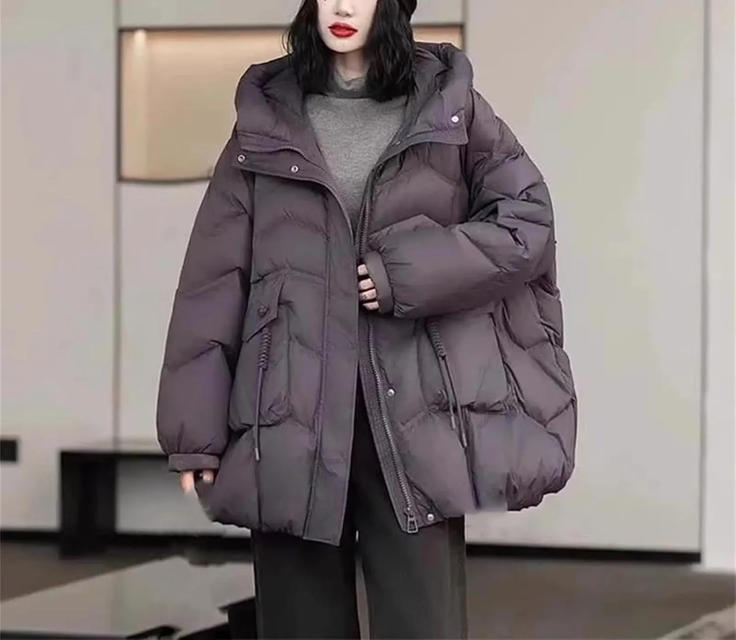 Winter Vintage Loose Casual Jacket Mid-Long Hooded Warm Puffer Coat Female Duck Down Jacket