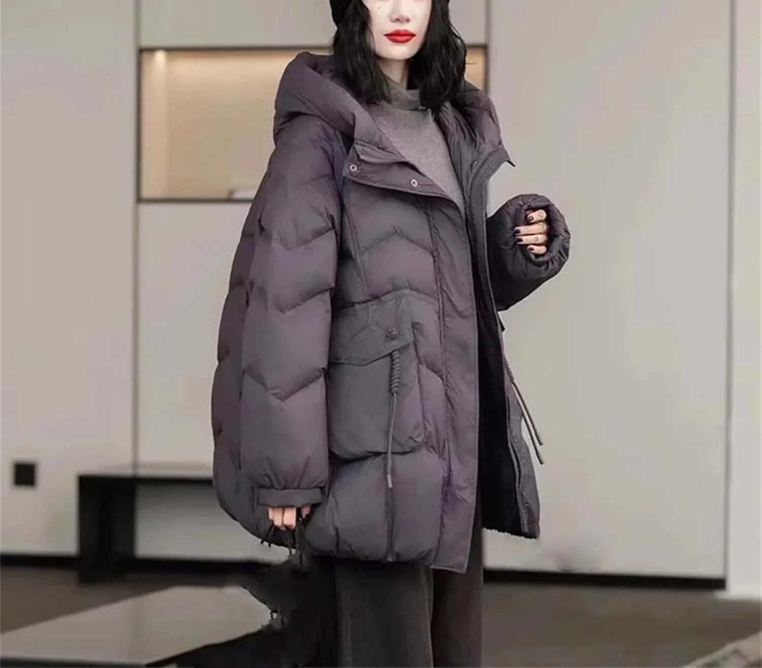 Winter Vintage Loose Casual Jacket Mid-Long Hooded Warm Puffer Coat Female Duck Down Jacket