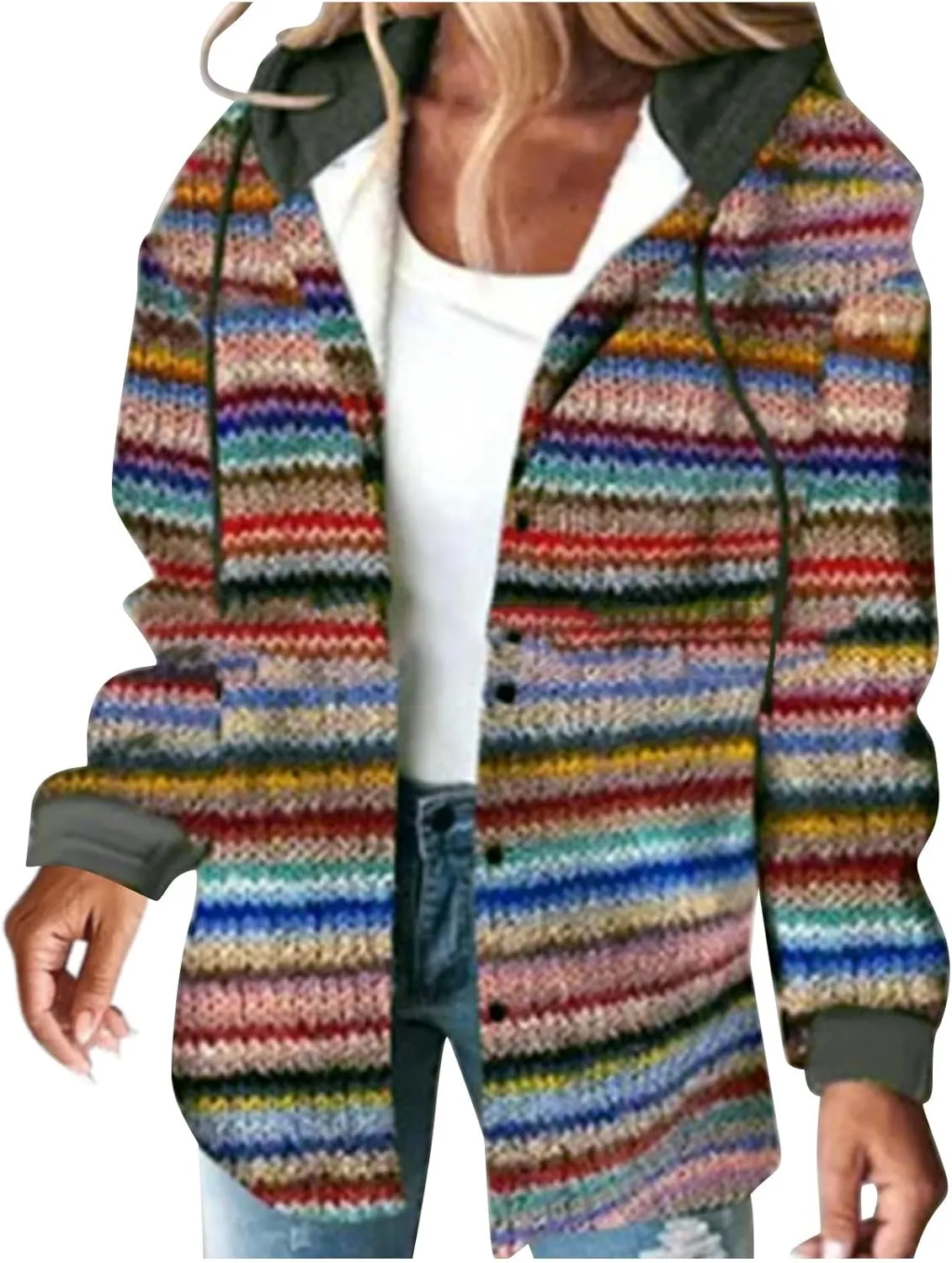 Womens Fashion Winter Coats Fuzzy Fleece Lined Button Down Warm Hooded Jackets Color Block Sherpa Thick Coats