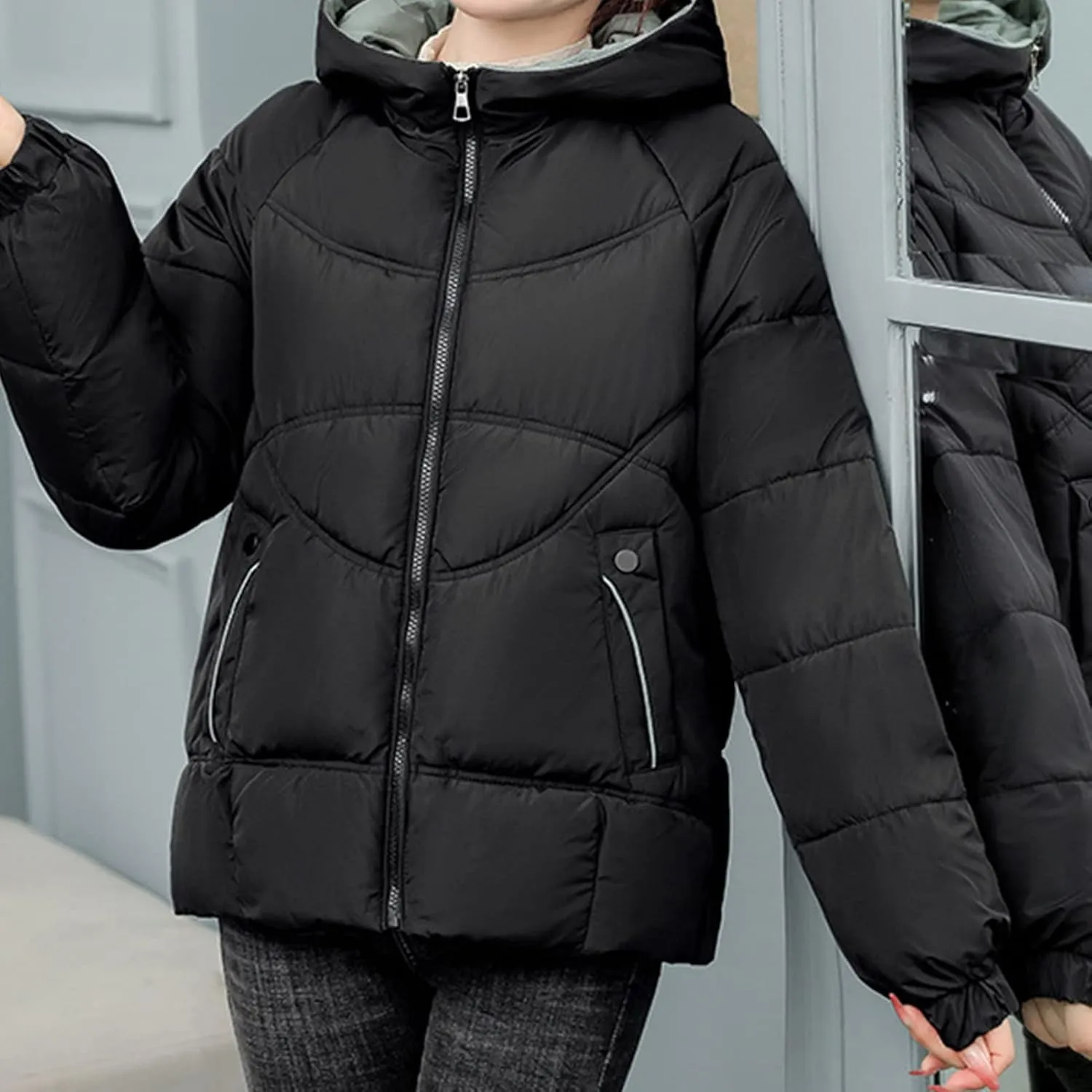Women's Winter Hooded Coats Winter Stand Collar Cotton Jacket Long Sleeve Puffer Full Zip Down Jacket