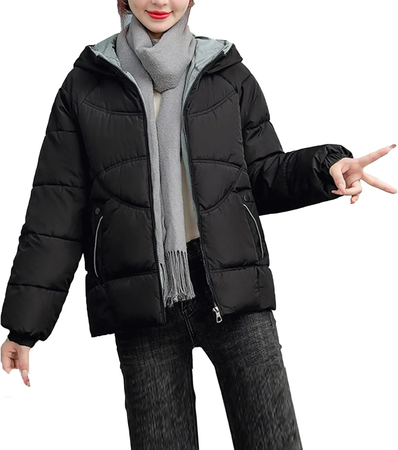 Women's Winter Hooded Coats Winter Stand Collar Cotton Jacket Long Sleeve Puffer Full Zip Down Jacket